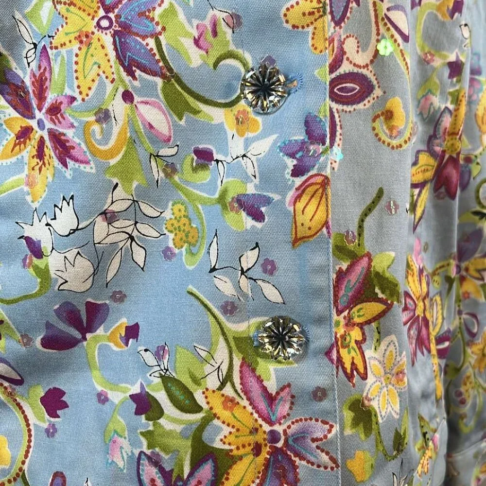 REDD Jeans Jacket Women's Sz 8 Blue Floral Iridescent Sequins Y2K Vtg Colorful A